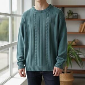 Ron Chereskin Men's Crew Neck Sweater XL Green Cable Knit Vintage Trending Y2K